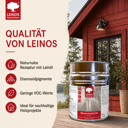LEINOS Wetterschutzfarbe auf Wasserbasis 855 –2,5 l Schweden-Rot- Lösemittelfreier, matter Anstrich für unbehandelte Holzkonstruktionen im Außenbereich, ideal für sägeraues Holz