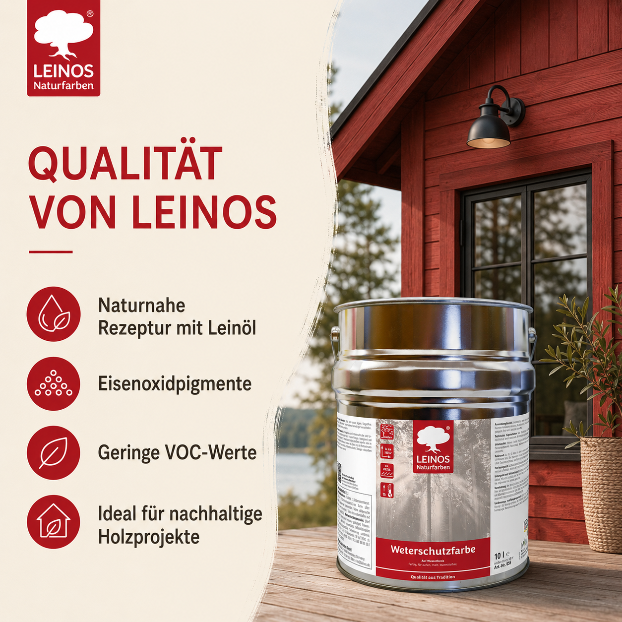 LEINOS Wetterschutzfarbe auf Wasserbasis 855 –10,0 l Schweden-Rot- Lösemittelfreier, matter Anstrich für unbehandelte Holzkonstruktionen im Außenbereich, ideal für sägeraues Holz