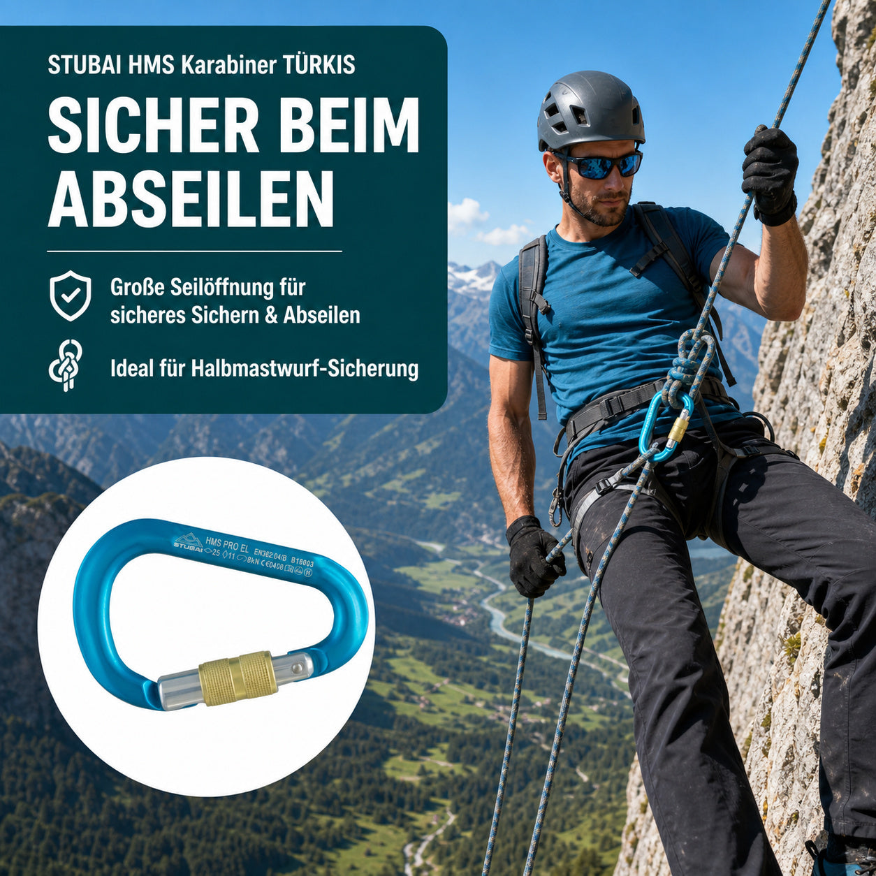 HMS Karabiner | Stubai Karabiner mit Schraubverschluss, Schraubkarabiner zum Klettern, Kletter-Karabinerhaken, Sicherungskarabiner zum Bergsteigen, Türkis