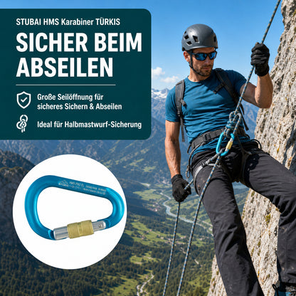 HMS Karabiner | Stubai Karabiner mit Schraubverschluss, Schraubkarabiner zum Klettern, Kletter-Karabinerhaken, Sicherungskarabiner zum Bergsteigen, Türkis