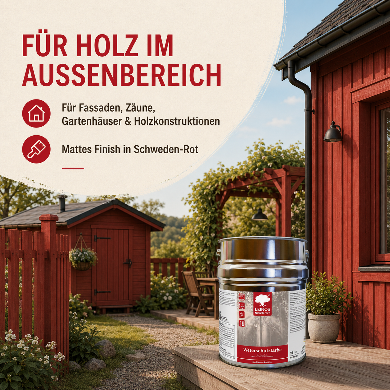 LEINOS Wetterschutzfarbe auf Wasserbasis 855 –10,0 l Schweden-Rot- Lösemittelfreier, matter Anstrich für unbehandelte Holzkonstruktionen im Außenbereich, ideal für sägeraues Holz