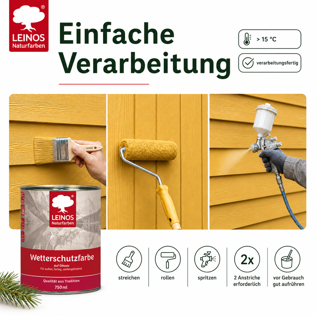 LEINOS Wetterschutzfarbe 2,5 l | Maisgelb Holzlasur für Holzfassaden Fenster Gartenhäuser| wetterbeständige Deckfarbe für effektive Versiegelung und langanhaltenden Schutz auf Ölbasis im Außenbereich