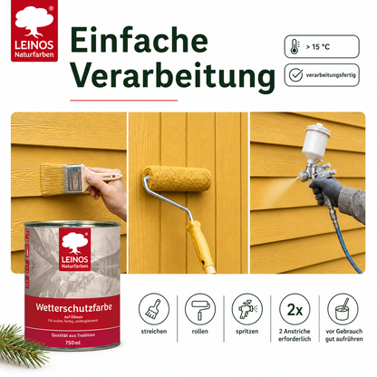 LEINOS Wetterschutzfarbe 2,5 l | Maisgelb Holzlasur für Holzfassaden Fenster Gartenhäuser| wetterbeständige Deckfarbe für effektive Versiegelung und langanhaltenden Schutz auf Ölbasis im Außenbereich