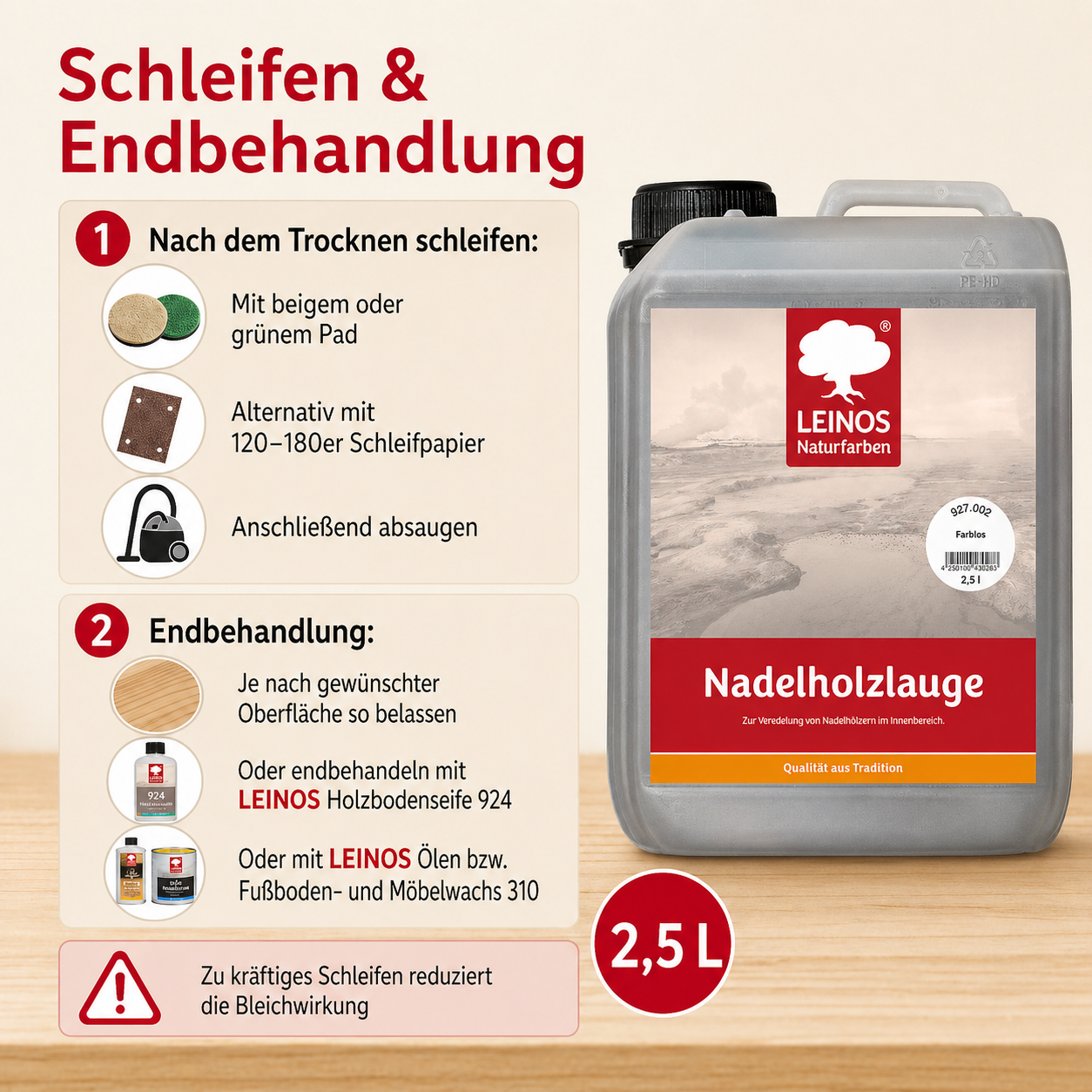 LEINOS 927 Nadelholzlauge 2,50 l weiss | Zur Veredelung von Nadelhölzern im Innenbereich |  für Fußböden, Wände, Decken, Türen, Möbel