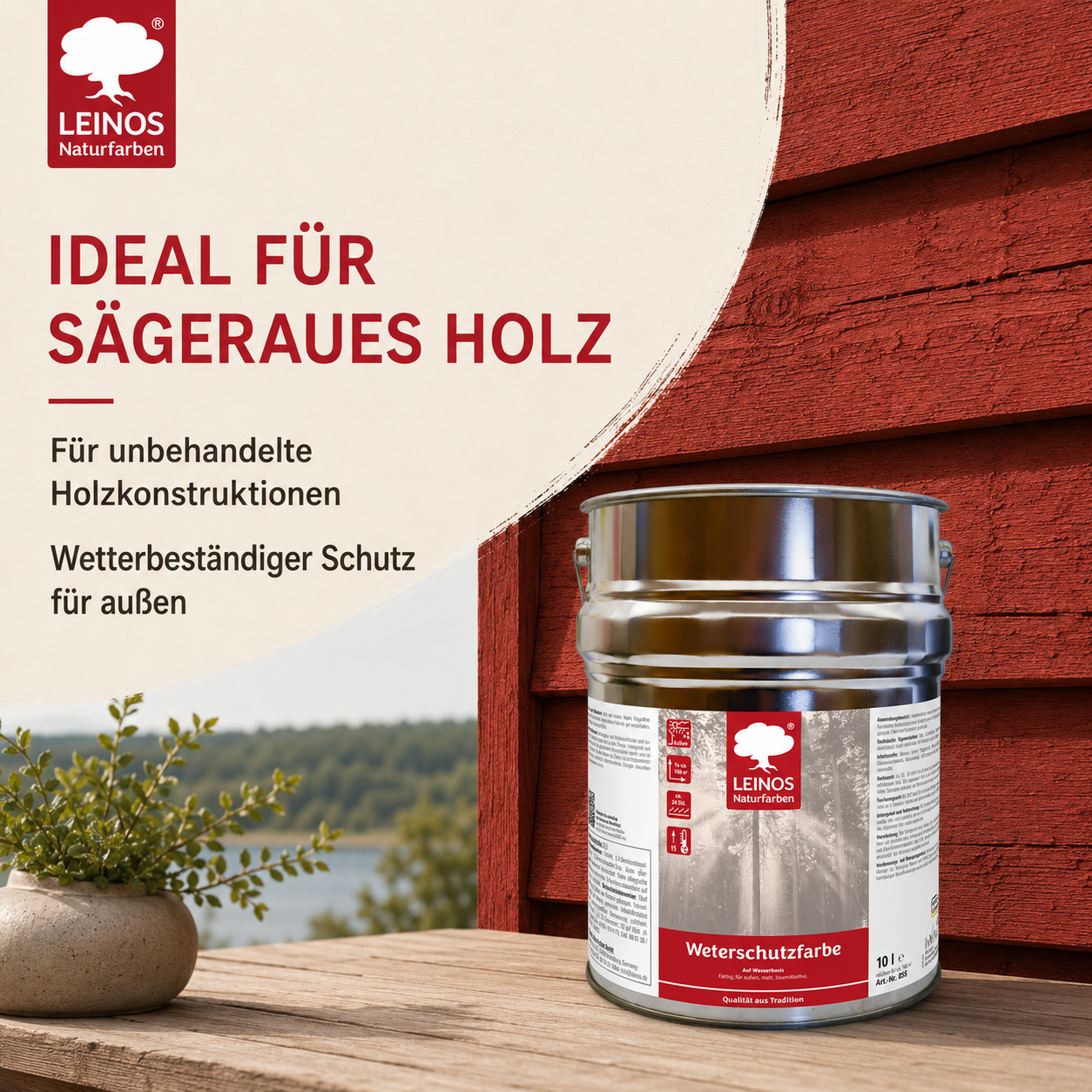 LEINOS Wetterschutzfarbe auf Wasserbasis 855 –2,5 l Schweden-Rot- Lösemittelfreier, matter Anstrich für unbehandelte Holzkonstruktionen im Außenbereich, ideal für sägeraues Holz