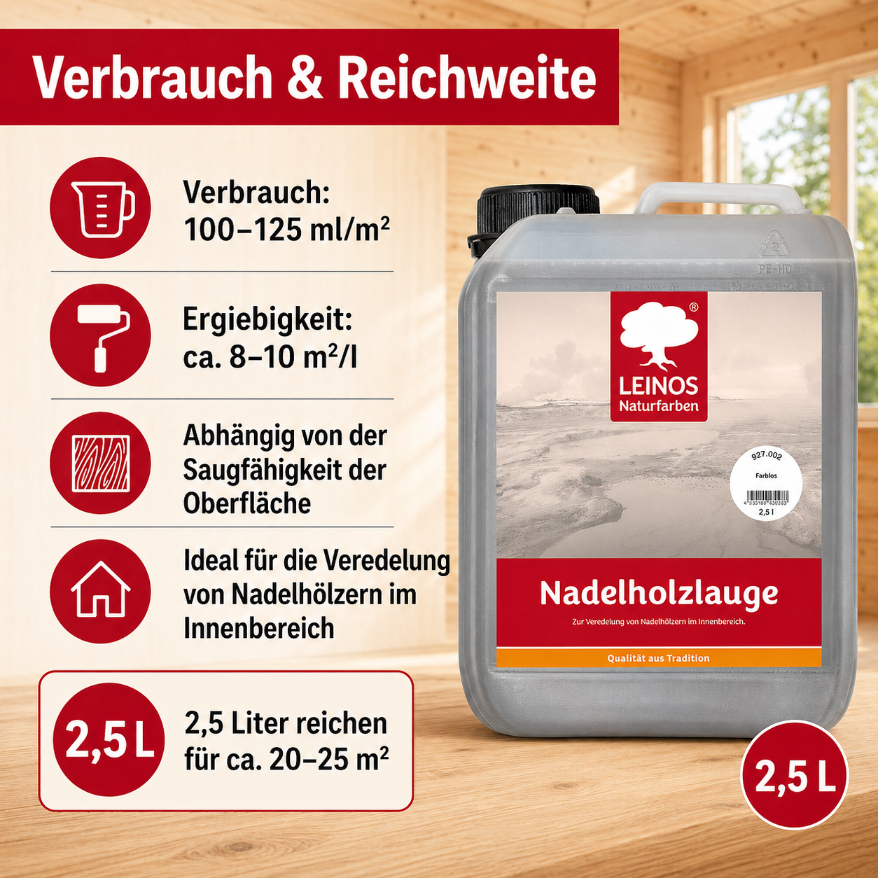 LEINOS 927 Nadelholzlauge 2,50 l weiss | Zur Veredelung von Nadelhölzern im Innenbereich |  für Fußböden, Wände, Decken, Türen, Möbel