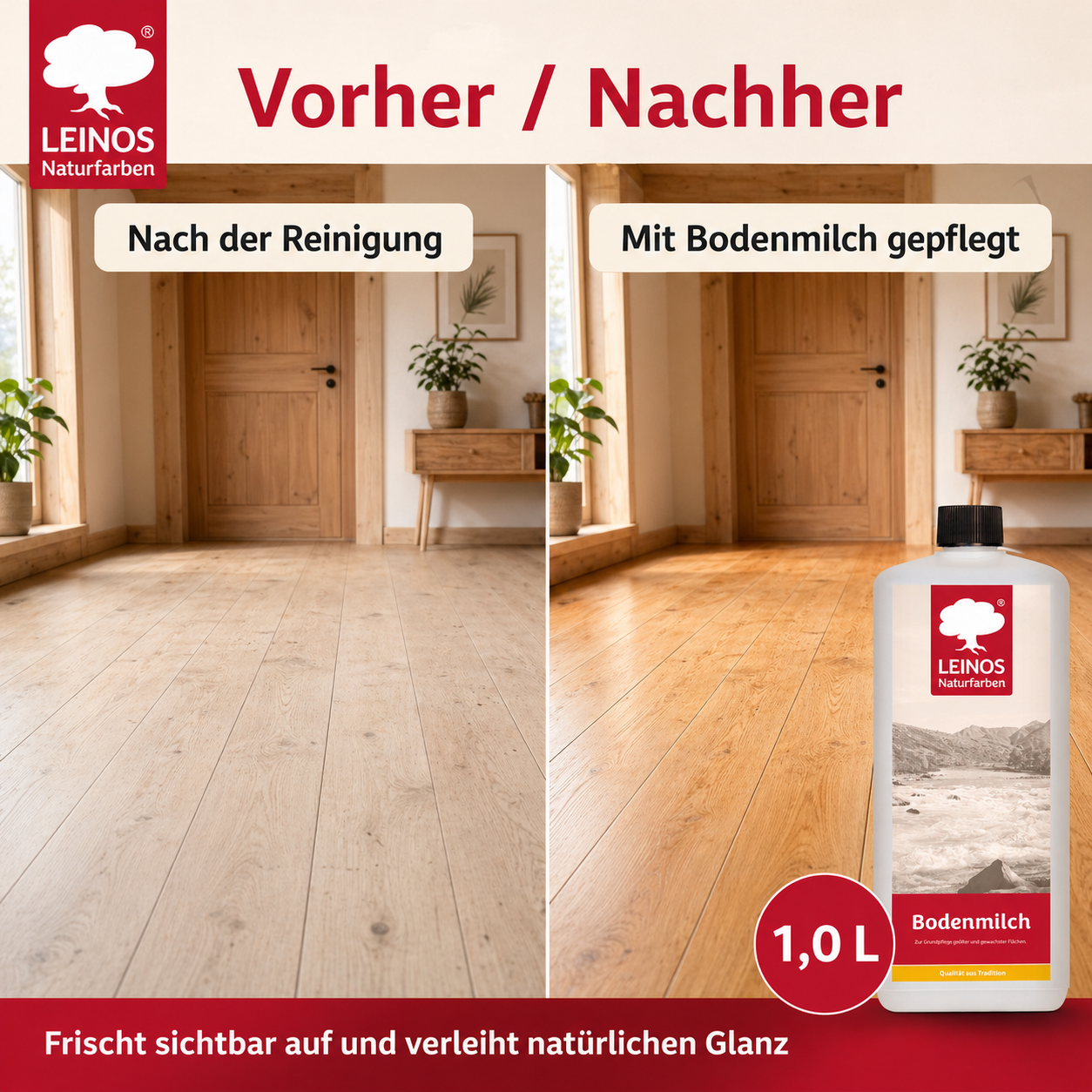 LEINOS 920 Bodenmilch 1 Liter | Pflegemittel für geölte, gewachste und lackierte Fußböden |  Holz, Kork und Linoleum | ergibt seidenglänzende Oberfläche
