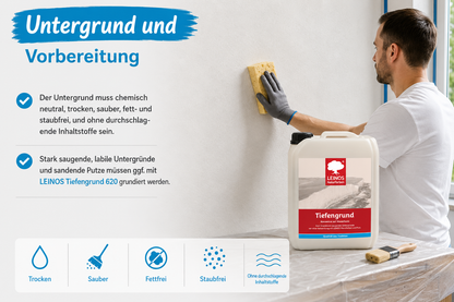 LEINOS Streich- und Rollputz fein 685, weiß – Feinkörniger Putz für Innen, atmungsaktiv, lösemittelfrei, schadstofffrei, gebrauchsfertig, strukturierbar, auf Putz, Gips, Lehm, Altanstrich – 2,5 L