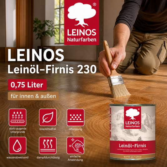 LEINOS Leinöl-Firnis 230 – 0,75 L für innen und außen – offenporige Grundierung für stark saugende Untergründe wie Hirnholzparkett, Kork, Terracotta – lösungsmittelfrei – ohne Filmschutz außen