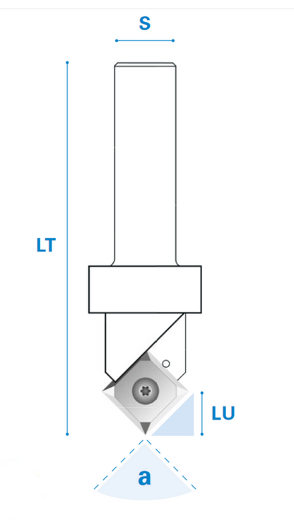 V-nutfräser Foldingfräser und Schriftfräser mit Wendemesser aus Hartmetall, Rechtslauf, Schneide 1, 92°, Arbeitslänge 8,3 mm, Gesamtlänge 83 mm, Schaft 20 x 50 mm, Ø 17 mm