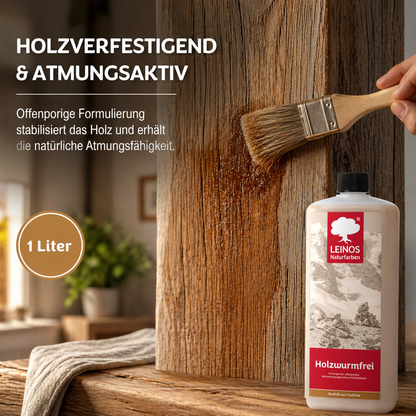 LEINOS Holzwurmfrei 130 |1 Liter | Holzschutz gegen Insekten- & Pilzbefall | Für Innen, überdachten Außenbereich & Feuchträume | Holzverfestiger mit physikalisch-mechanischer Wirkung