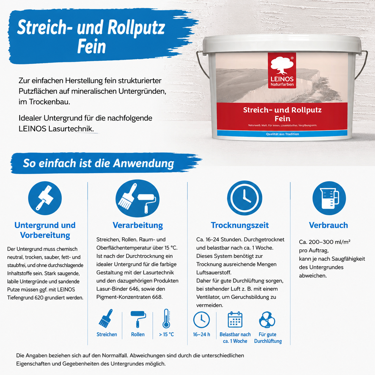 LEINOS Streich- und Rollputz fein 685, weiß – Feinkörniger Putz für Innen, atmungsaktiv, lösemittelfrei, schadstofffrei, gebrauchsfertig, strukturierbar, auf Putz, Gips, Lehm, Altanstrich – 2,5 L