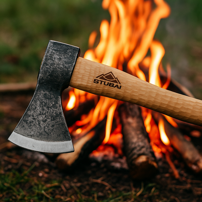 STUBAI Campingaxt „Zuckerhütl“ 1.650 g – Handgeschmiedet aus Kohlenstoffstahl, 650 mm Länge, geölter Hickorystiel, inkl. Lederscheide – Für Outdoor, Bushcraft, Survival, Trekking, Waldarbeiten