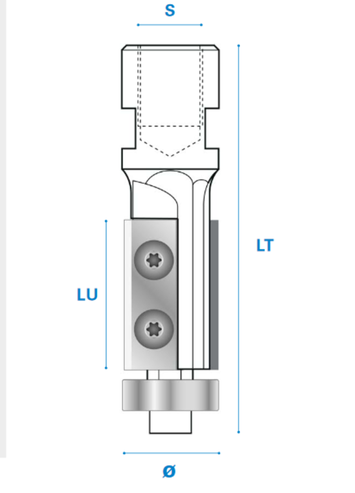 Bündigfräser mit Kugellager und Wendemesser M12 aus Hartmetall, Rechtslauf, Schneide 2, Arbeitslänge 30 mm, Gesamtlänge 75 mm, Schaft M12X1 mm, Ø 19 mm