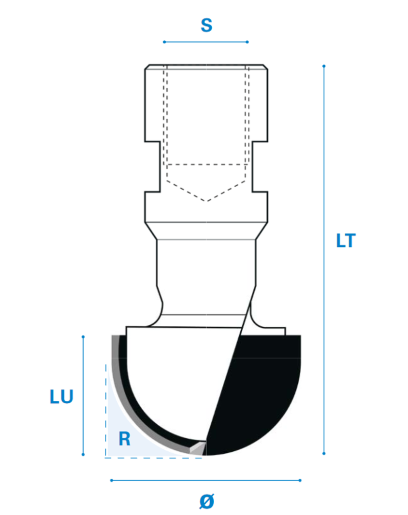 Hohlkehlfräser M12 aus Hartmetall, Rechtslauf, Schneide 2, Arbeitslänge 18 mm, Gesamtlänge 60 mm, Schaft M12X1 mm, Ø 16 mm