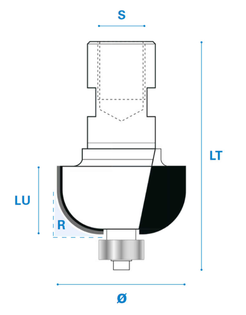 Hohlkehlfräser mit Kugellager M12 aus Hartmetall, Rechtslauf, Schneide 2, Arbeitslänge 18 mm, Gesamtlänge 60 mm, Schaft M12X1 mm, Ø 33 mm
