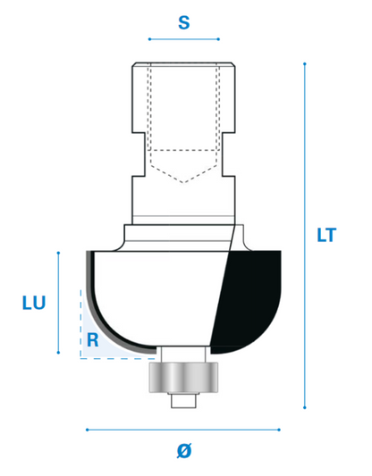 Hohlkehlfräser mit Kugellager M12 aus Hartmetall, Rechtslauf, Schneide 2, Arbeitslänge 18 mm, Gesamtlänge 60 mm, Schaft M12X1 mm, Ø 33 mm