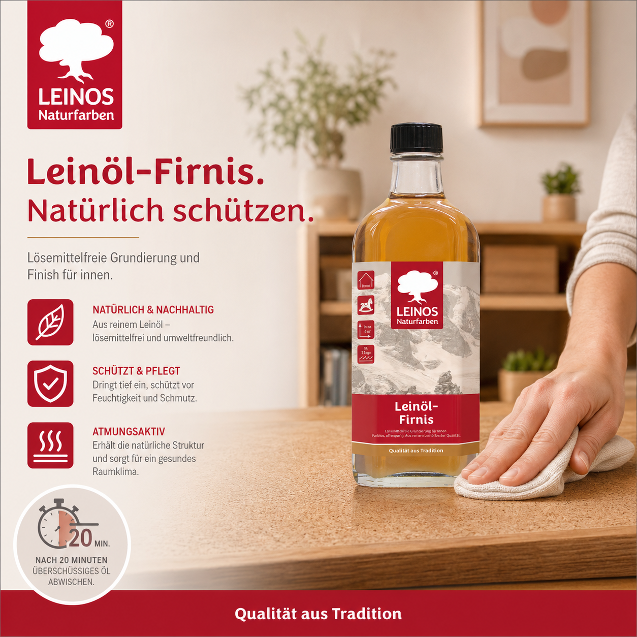 LEINOS Leinöl-Firnis 230 – 0,25 L für innen und außen – offenporige Grundierung für stark saugende Untergründe wie Hirnholzparkett, Kork, Terracotta – lösemittelfrei – ohne Filmschutz außen
