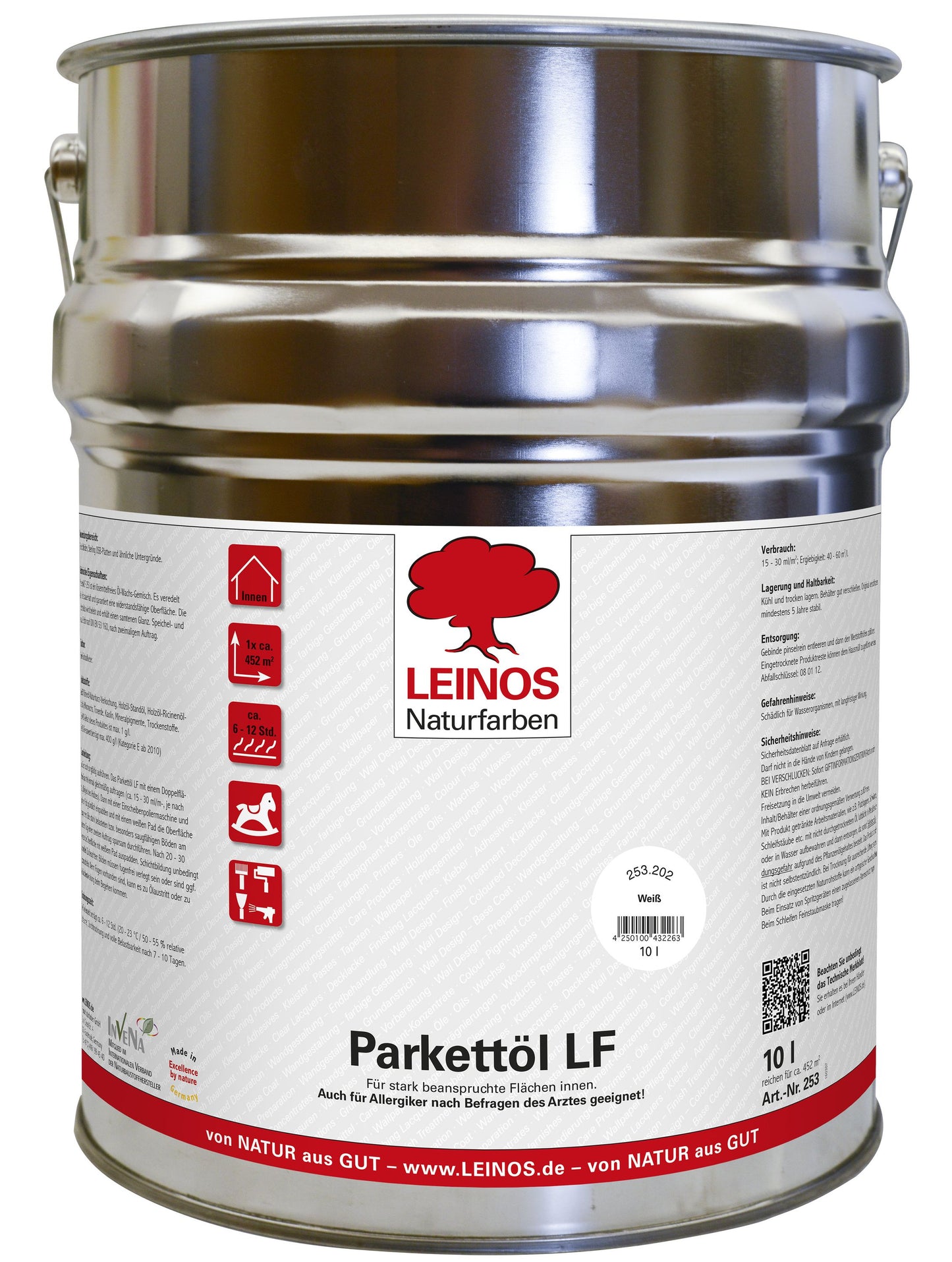 LEINOS Parkettöl LF 253 weiß 2,5 L – Weiß pigmentiertes Parkettöl für innen, lösemittelfrei, atmungsaktiv & abriebfest – für helle Böden aus Massivholz, Kork oder Dielen mit seidigem Finish