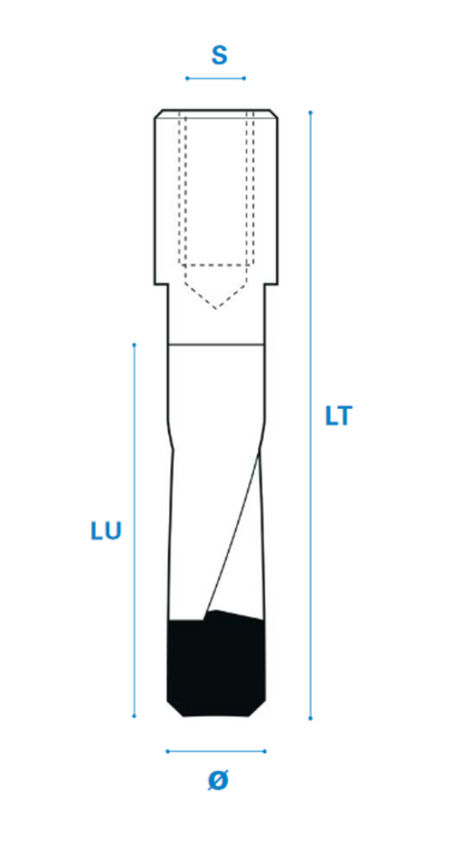 Nutfräser für Domino System aus Hartmetall, Rechtslauf, Schneide 2, Arbeitslänge 70 mm, Gesamtlänge 90 mm, Schaft M8X1 mm, Ø 10 mm
