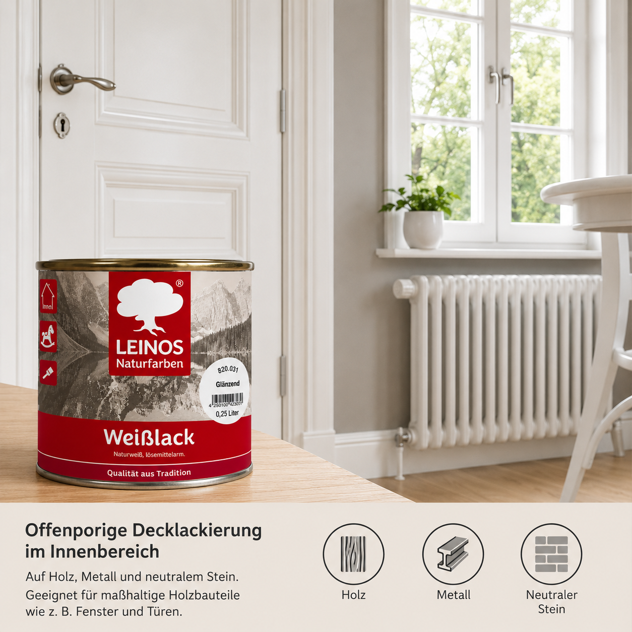 LEINOS 820 Weißlack Glänzend | 0,75 L Innen & Außen | Wohngesunder Naturharz-Öl Lack, wetterfest & strapazierfähig | ca. 7 m² Reichweite | Für Möbel, Türen, Fenster, Holzflächen & grundiertes Metall
