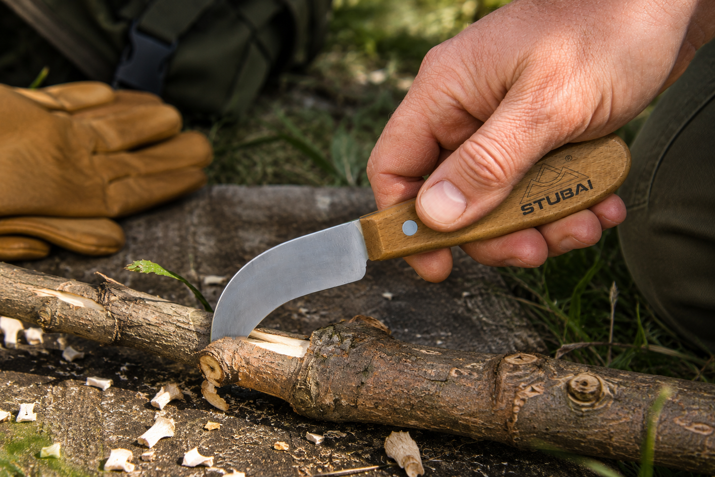 STUBAI Ledermesser 100 mm – gebogene Klinge aus gehärtetem Stahl, scharf & robust – Holzgriff, ideal für Leder, Teppich, Dachpappe, Outdoor & Gartenarbeiten