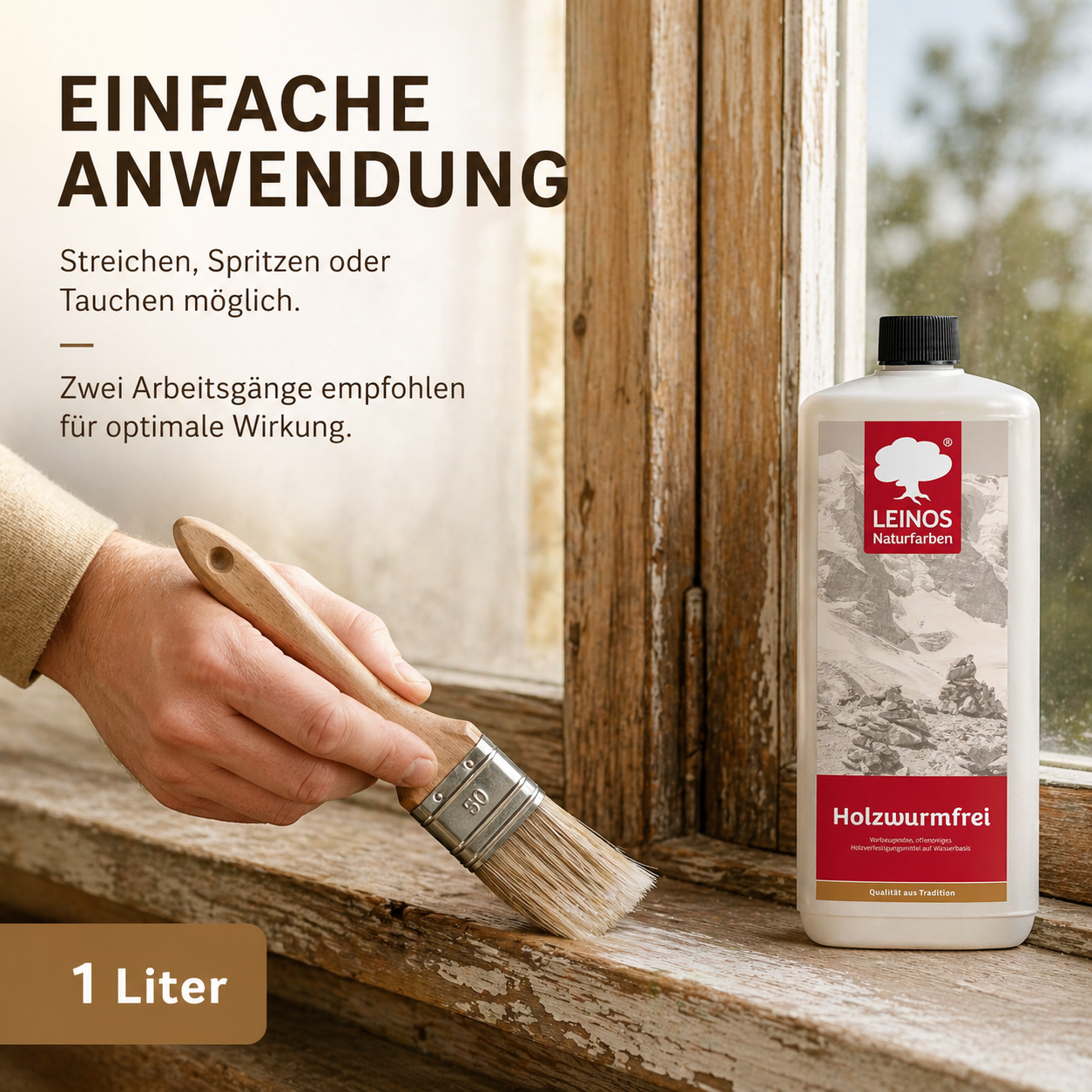 LEINOS Holzwurmfrei 130 |1 Liter | Holzschutz gegen Insekten- & Pilzbefall | Für Innen, überdachten Außenbereich & Feuchträume | Holzverfestiger mit physikalisch-mechanischer Wirkung