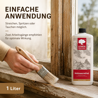 LEINOS Holzwurmfrei 130 |1 Liter | Holzschutz gegen Insekten- & Pilzbefall | Für Innen, überdachten Außenbereich & Feuchträume | Holzverfestiger mit physikalisch-mechanischer Wirkung