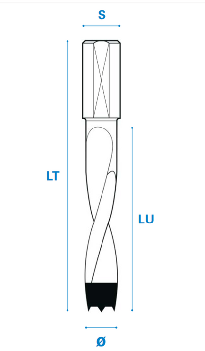 Dübellochbohrer aus Hartmetall, Linkslauf Schneide 2/V2, Arbeitslänge 43 mm, Gesamtlänge 70 mm, Schaft 10X20 mm, Ø 5 mm