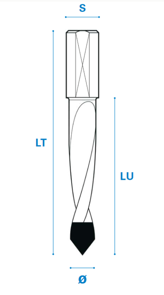 Durchgangslochbohrer 60° aus Hartmetall, Linkslauf Schneide 2, 60°, Arbeitslänge 45 mm, Gesamtlänge 70 mm, Schaft 10X20 mm, Ø 8 mm