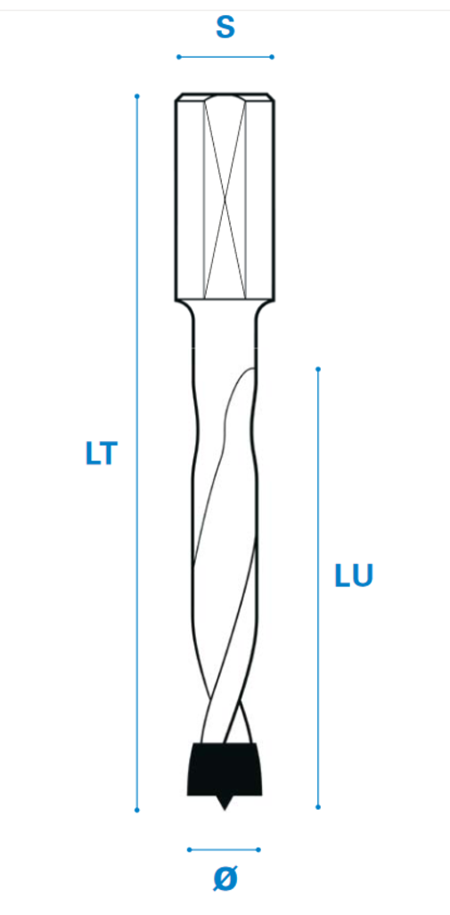 Dübellochbohrer passend für das Mafell System aus Hartmetall, Rechtslauf, Schneide 2, Arbeitslänge 30 mm, Gesamtlänge 58 mm, Schaft 8X20 mm, Ø 5 mm