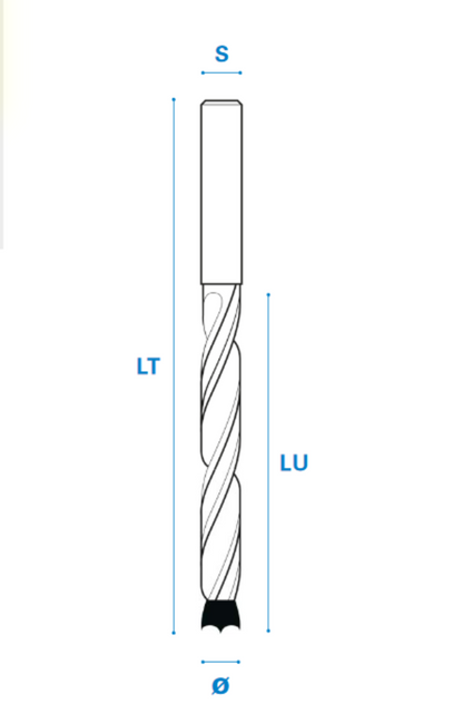 Dübelbohrer aus Hartmetall, Rechtslauf, Schneide 2/V2, Arbeitslänge 60 mm, Gesamtlänge 90 mm, Schaft 5 mm, Ø 5 mm