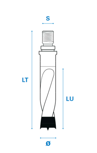 Dübellochbohrer mit Gewindeschaft aus Hartmetall, Schneide 2/V2, Arbeitslänge 40 mm, Gesamtlänge 60 mm, Schaft M10 mm, Ø 6 mm, Linkslauf