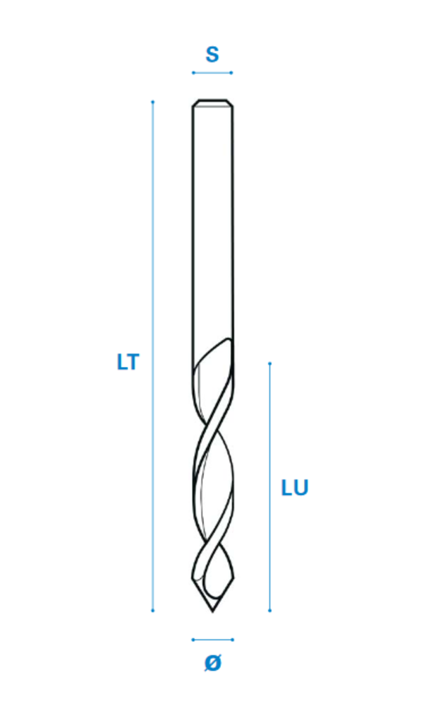 Durchgangslochbohrer 45° aus Vollhartmetall - Rechtslauf, Schneide 2, 45°, Arbeitslänge 30 mm, Gesamtlänge 60 mm, Schaft 4,5 mm, Ø 4,5 mm
