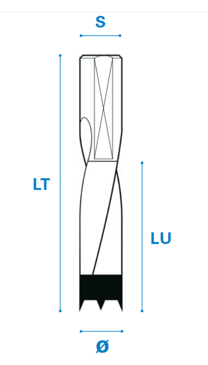 Dübellochbohrer aus Hartmetall - Schneide 2/V2, Arbeitslänge 27 mm, Gesamtlänge 57,5 mm, Schaft 10X27 mm, Ø 8 mm, Linkslauf