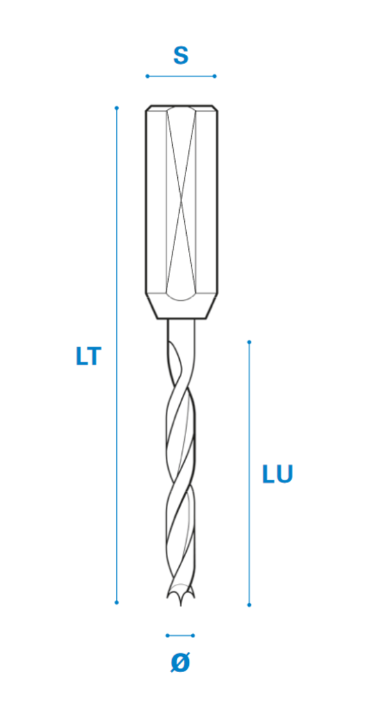 Dübellochbohrer aus Vollhartmetall - Schneide 2/V2, Arbeitslänge 25 mm, Gesamtlänge 57 mm, Schaft 10X30 mm, Ø 5 mm, Linkslauf
