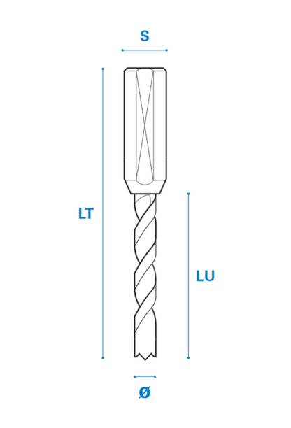 Dübellochbohrer mit gerundetem Vorschneider aus Vollhartmetall Schneide 2/V2, Arbeitslänge 35 mm, Gesamtlänge 70 mm, Schaft 10X30 mm, Ø 5 mm, Linkslauf