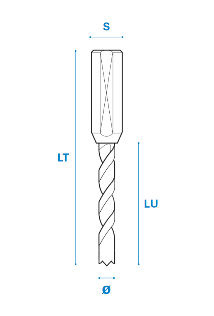 Dübellochbohrer mit gerundetem Vorschneider aus Vollhartmetall Schneide 2/V2, Arbeitslänge 25 mm, Gesamtlänge 57 mm, Schaft 10X30 mm, Ø 6 mm, Linkslauf