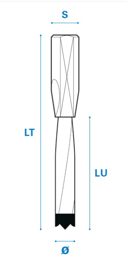 Dübellochbohrer mit gerundetem Vorschneider aus Hartmetall - Schneide 2/V2, Arbeitslänge 27 mm, Gesamtlänge 57,5 mm, Schaft 10X27 mm, Ø 6 mm, Rechtslauf