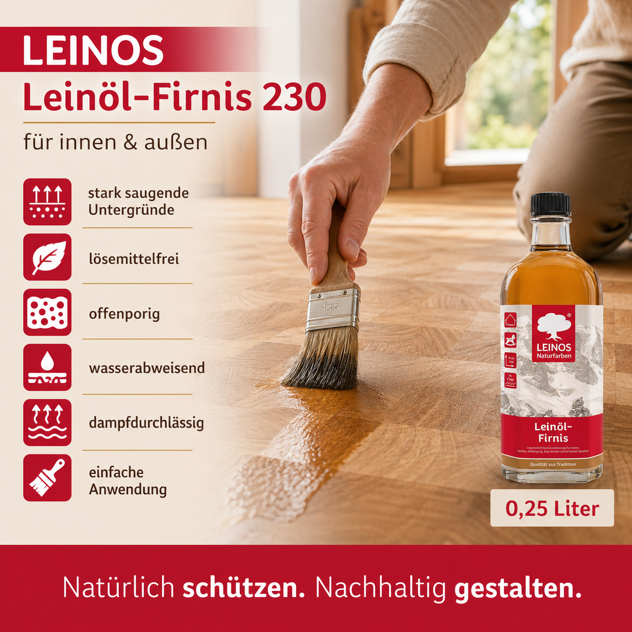LEINOS Leinöl-Firnis 230 – 0,25 L für innen und außen – offenporige Grundierung für stark saugende Untergründe wie Hirnholzparkett, Kork, Terracotta – lösemittelfrei – ohne Filmschutz außen