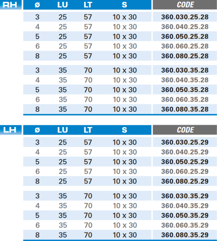 Durchgangslochbohrer aus Vollhartmetall - Schneide 2, 60°, Arbeitslänge 25 mm, Gesamtlänge 57 mm, Schaft 10X30 mm, Ø 8 mm, Rechtslauf
