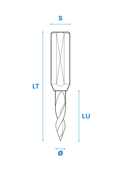 Durchgangslochbohrer aus Vollhartmetall - Schneide 2, 60°, Arbeitslänge 25 mm, Gesamtlänge 57 mm, Schaft 10X30 mm, Ø 5 mm, Linkslauf