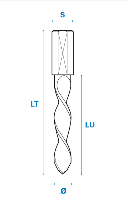 Durchgangslochbohrer aus Vollhartmetall mit Doppelfräse - Schneide 2, Arbeitslänge 35 mm, Gesamtlänge 70 mm, Schaft 10X30 mm, Ø 5 mm, Rechtslauf