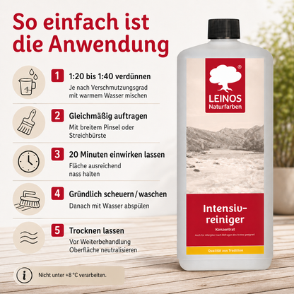LEINOS Intensivreiniger 0,5 Liter – kraftvoller Holzreiniger für innen & außen – entfernt Schmutz, Algen & Pilze – für Terrassen, Zäune, Stein & Holz – hochkonzentriert & ergiebig