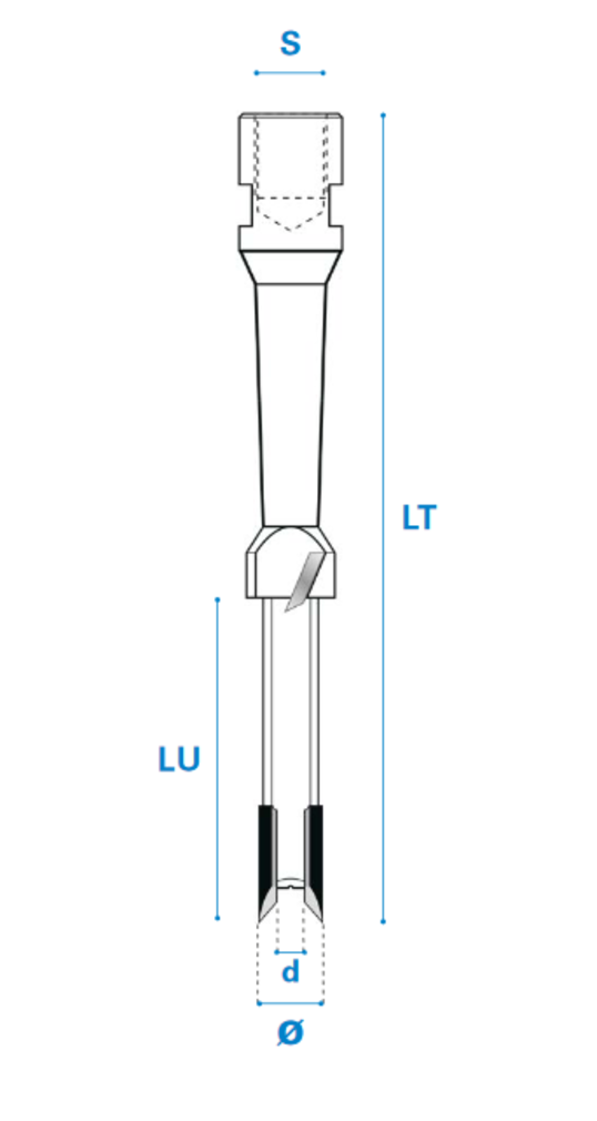 Ausfräsen von Schlosskasten und Drückerlöchern M12 aus Hartmetall, Rechtslauf, Schneide 2+2, Arbeitslänge 62 mm, Gesamtlänge 155 mm, Schaft M12X1 mm, Ø 19 mm