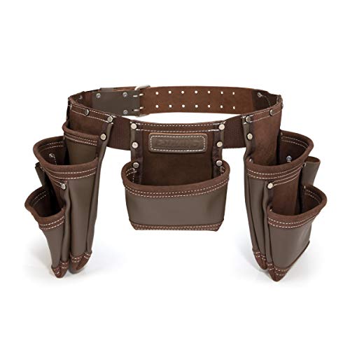 Estwing 94744 Werkzeugschürze aus 100% Rindsleder mit 7 Taschen, 2 Werkzeugschlaufen und Hammerhalter, genietete Verstärkungen, Stahl-Doppelzungenschnalle, passend für 76–132 cm Taillenumfang robustes