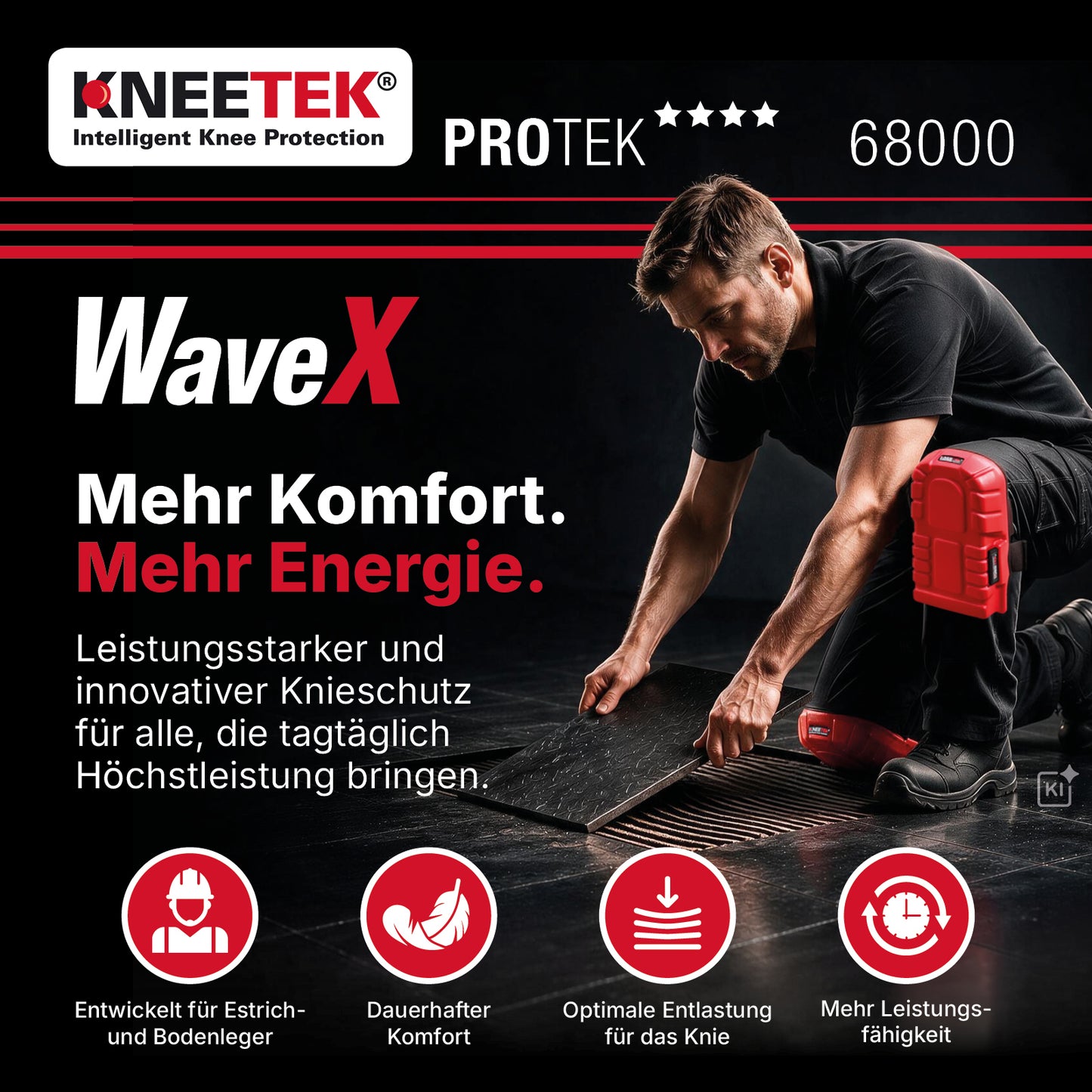 Kneetek WaveX - Knieschoner für Estrich-, Boden- und Fliesenleger, Maximale Druck- und Stoßdämpfung, kein Einschneiden, Einheitsgröße S-L, geprüft nach EN 14404, 1 Paar
