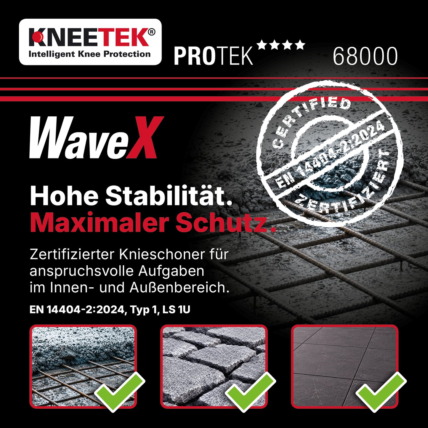 Kneetek WaveX - Knieschoner für Estrich-, Boden- und Fliesenleger, Maximale Druck- und Stoßdämpfung, kein Einschneiden, Einheitsgröße S-L, geprüft nach EN 14404, 1 Paar