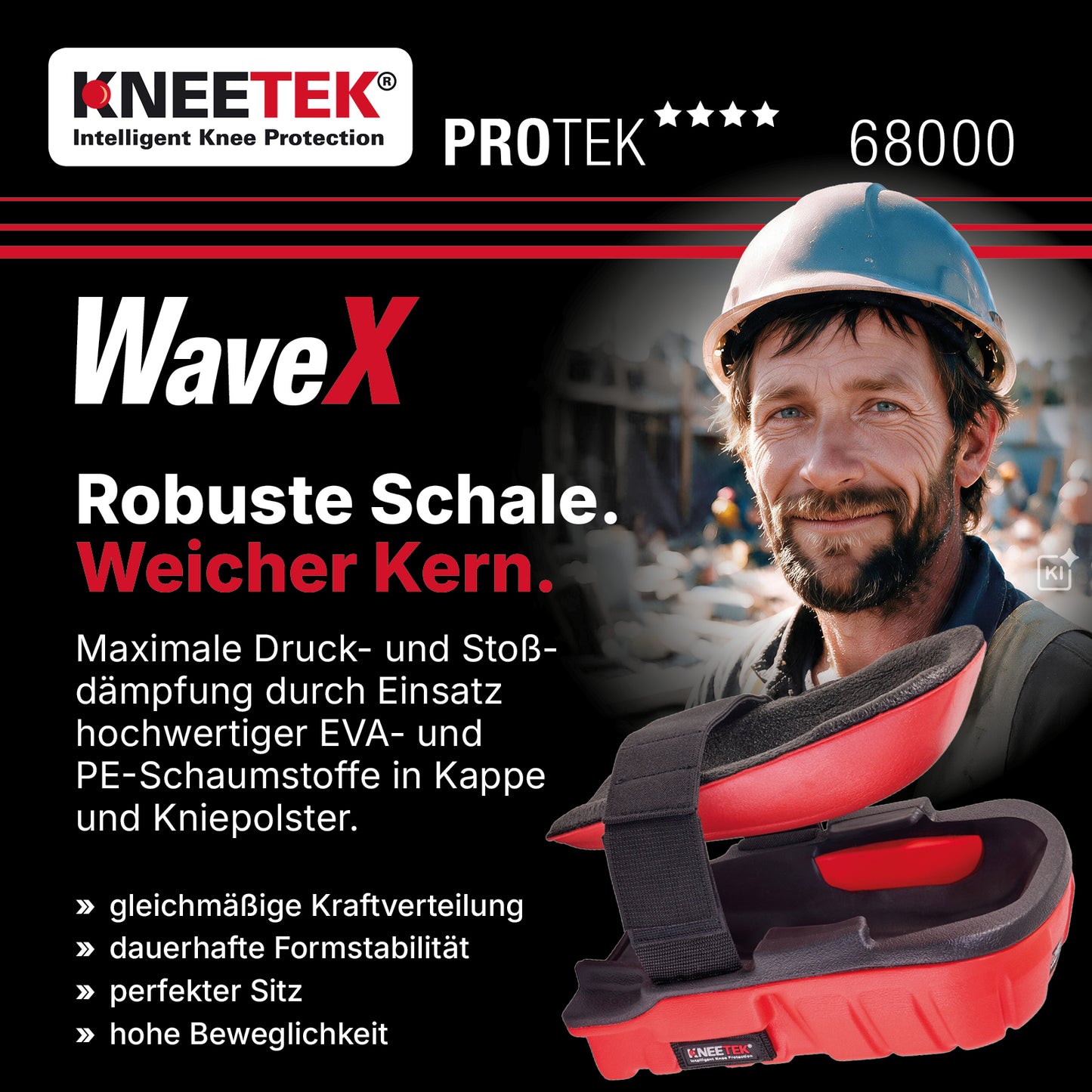 Kneetek WaveX - Knieschoner für Estrich-, Boden- und Fliesenleger, Maximale Druck- und Stoßdämpfung, kein Einschneiden, Einheitsgröße S-L, geprüft nach EN 14404, 1 Paar