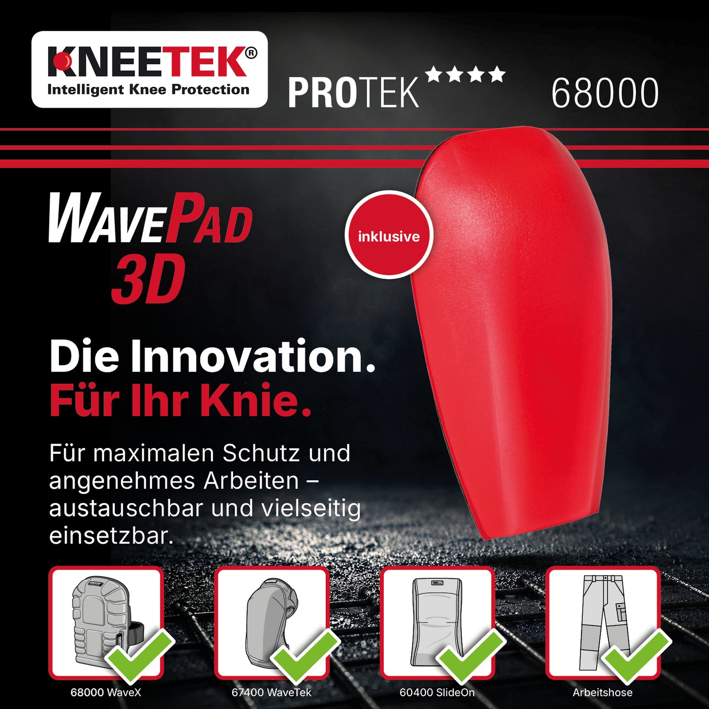 Kneetek WaveX - Knieschoner für Estrich-, Boden- und Fliesenleger, Maximale Druck- und Stoßdämpfung, kein Einschneiden, Einheitsgröße S-L, geprüft nach EN 14404, 1 Paar